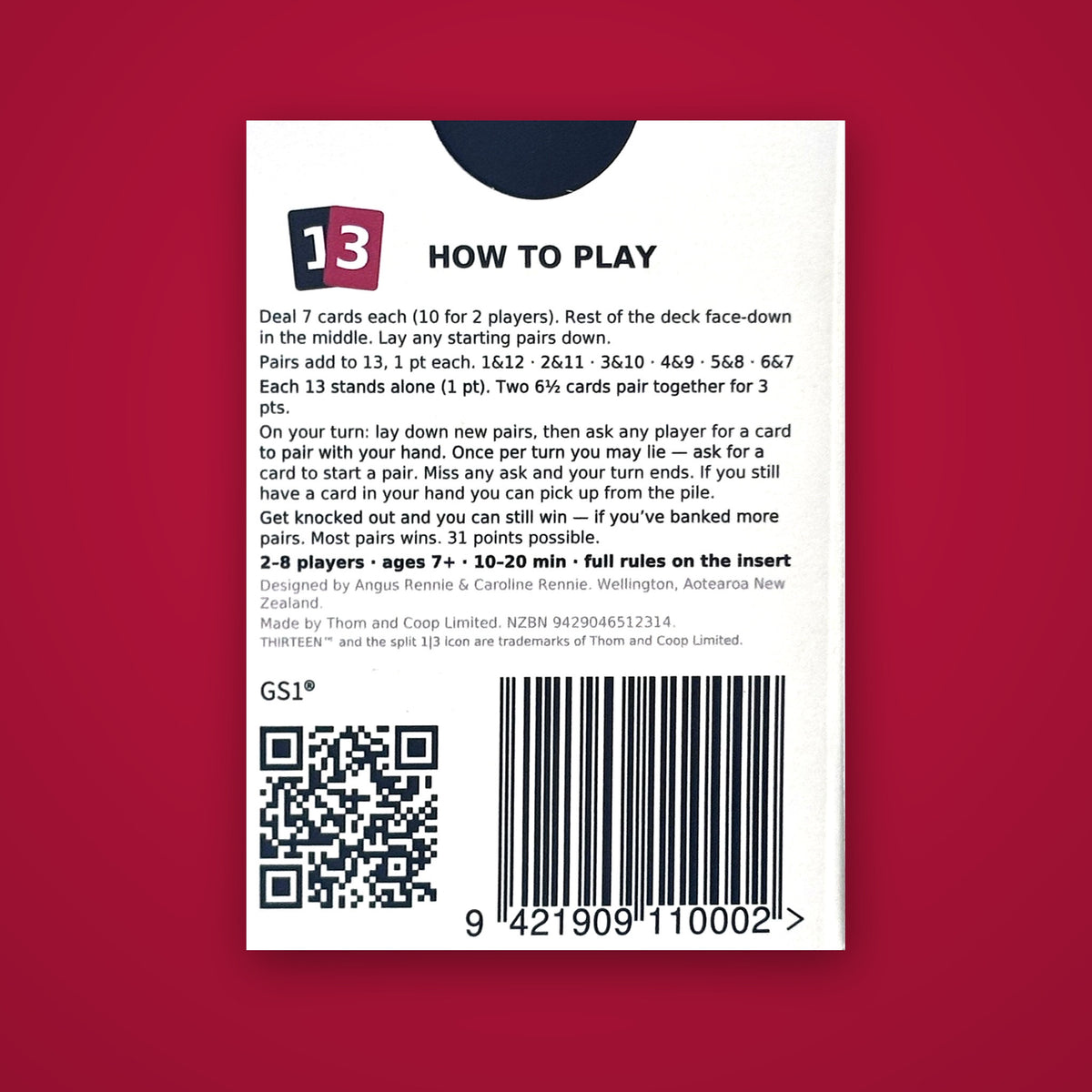 Back of the THIRTEEN box showing the rules, 2 to 8 players, ages 7 plus, 10 to 20 minutes