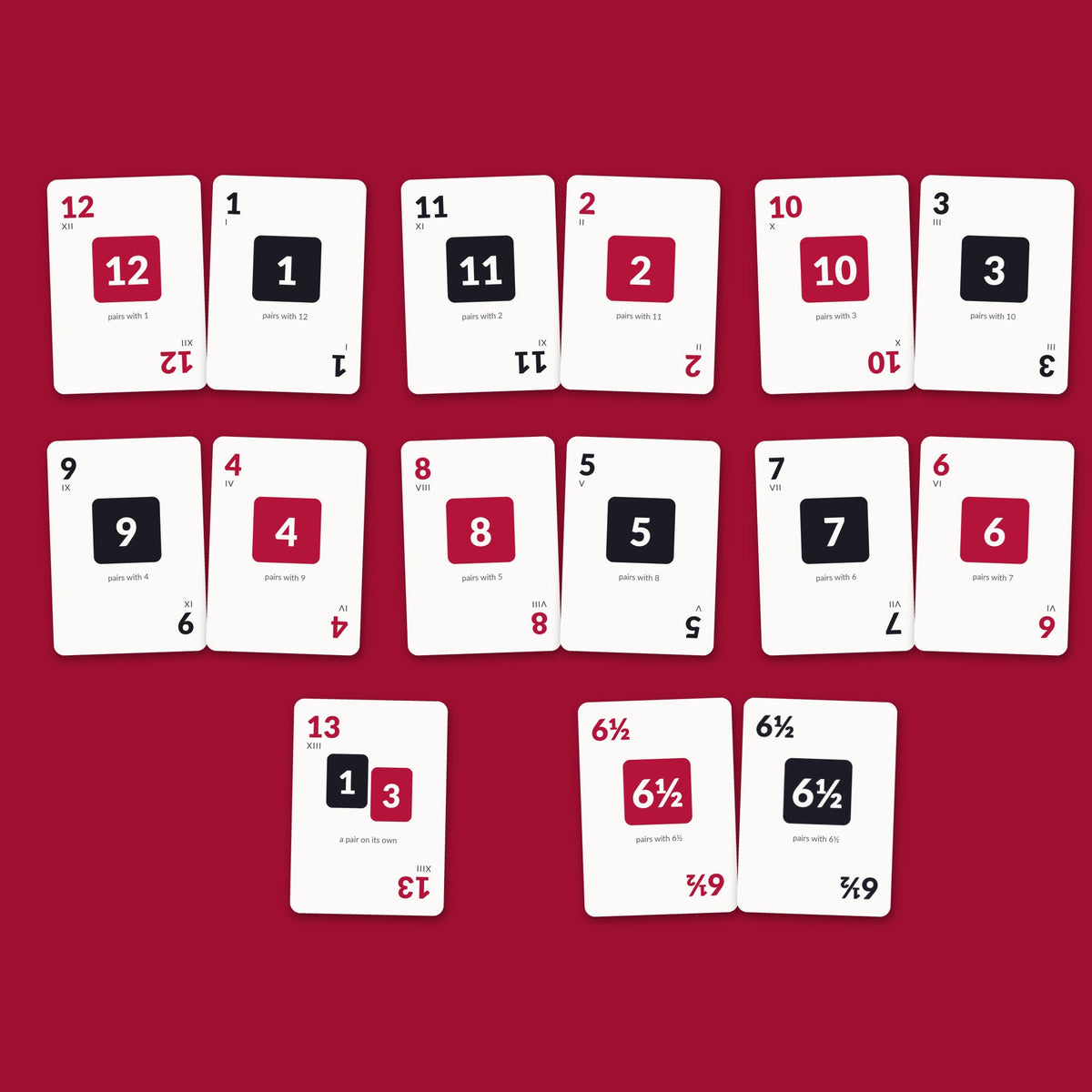 All 13 pairs in THIRTEEN, each pair shown as one red and one black card, including the two 6 and a half cards that pair with each other